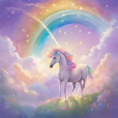 a white unicorn standing on top of a lush green field under a rainbow filled sky