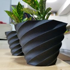 two black vases sitting on top of a wooden table next to a potted plant