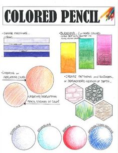 an image of colored pencils on paper with different colors and shapes in the background