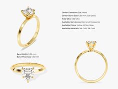 three different types of engagement rings with diamonds on each side and the other side, all in yellow gold