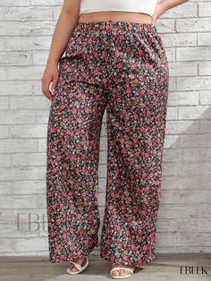 Ebeek - Womens Plus Size Bohemian Pants, Chic Ditsy Floral Print Elastic High Rise Wide Leg Trousers Casual Multicolor Floral Print Ankle-length Pants, Floral Print Ankle-length Bottoms For Summer, Spring Floral Print Ankle-length Bottoms, Floral Print Ankle-length Spring Bottoms, Multicolor Floral Print Ankle-length Pants, Ankle-length Floral Print Bottoms For Summer, Ankle-length Floral Print Summer Bottoms, Ankle-length Floral Print Bottoms For Spring, Multicolor Ankle-length Floral Print Bottoms