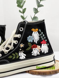 Ghost and Mushroom Embroidered Shoes, Daisy Flower Shoes, Cute Ghost Converse, Chuck Taylor Flower Embroidery, Fall Shoes - Etsy Spring Embroidered Sneakers, Embroidered Sneakers For Spring, Embroidered Closed Toe Sneakers For Spring, Spring Embroidered Flat Sneakers, Spring Embroidered Canvas Shoes With Round Toe, High-top Sneakers With Embroidered Graphics For Spring, Black Sneakers With Floral Embroidery, Embroidered Black Lace-up Sneakers, Black Low-top Sneakers With Floral Embroidery