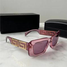 Brand New Versace Ve4444-U Pink Sunglasses. Thick Rim Rectangular Frames In Pink With Mirror Pink Lenses And Iconic Greca Detailing On Temples. 100% Uva/Uvb Protected Lens. Adjustable Nose Pads. Measures 54-21-140. Retail Price $345. Comes With Box, Case, Cloth, And All Papers. Pink Square Frame Sunglasses For Party, Luxury Pink Sunglasses For Summer, Luxury Pink Sunglasses With Uv Protection, Luxury Pink Sunglasses With Uva Protection, Pink Square Frame Sunglasses For Beach, Luxury Purple Sunglasses For Summer, Pink Sunglasses With Uv Protection And Square Frame, Pink Glass Sunglasses For The Beach, Pink Glass Sunglasses For Beach