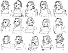 sketches of women with different facial expressions and hair styles, from the shoulders up to the head