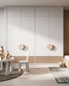 a white table and chairs in a room with wooden paneling on the wall behind it