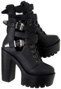 Edgy Black Platform Boots For Winter, Black Platform Boots For Fall Concerts, Grunge High Heel Boots For Fall, Gothic Black Heels For Concert, Black Grunge Boots For Concert, Grunge Chunky Platform High Heel Boots, Edgy Chunky High Heel Platform Boots, Gothic Black Platform Boots With Buckle Closure, Black Gothic Platform Boots With Buckle Closure