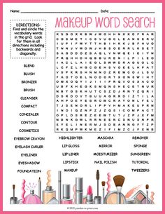 a pink and white poster with words that say makeup word search on the front page