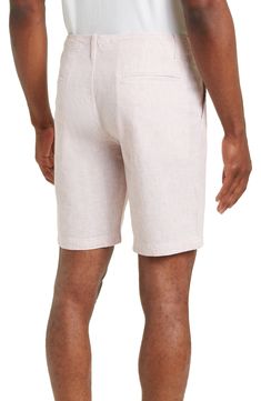 A breezy linen blend pair of shorts feature a trim fit for a more defined feel. 10.5” rise, 8.5” inseam (size 32) Trim fit 4 pocket construction 55% linen, 45% cotton Machine wash Imported Model stats: 6'1" height, 32" waist. Model is wearing size 32. Relaxed Fit Linen Shorts With Welt Pockets, Spring Linen Shorts With Welt Pockets, Relaxed Fit Linen Bermuda Shorts With Short Inseam, Linen Bermuda Shorts With Relaxed Fit, Casual Fitted Linen Bermuda Shorts, Fitted Linen Bermuda Shorts, Linen Bermuda Shorts For Spring, Spring Linen Bermuda Shorts With Short Inseam, Fitted Linen Bermuda Shorts Casual