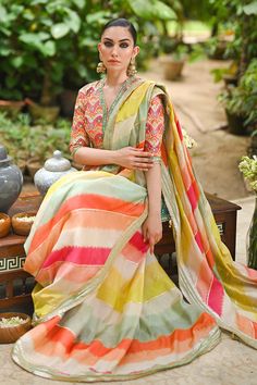 Rehaab – Sania Maskatiya International Multicolor Cotton Silk Pre-draped Saree With Zari Work, Multicolor Pre-draped Saree For Eid, Festive Multicolor Chanderi Pre-draped Saree, Traditional Peach Pre-draped Saree For Festive Occasions, Multicolor Chanderi Pre-draped Saree With Zari Work, Anarkali Pre-draped Saree With Gota Work In Cotton Silk, Chanderi Pre-draped Saree With Printed Motifs For Wedding, Multicolor Slub Silk Pre-draped Saree With Dupatta, Designer Multicolor Tissue Silk Pre-draped Saree