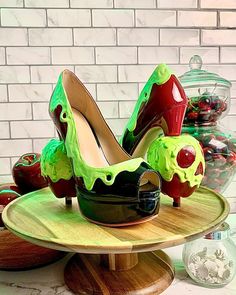 Poison Apple High Heels Weird Shoes, Diy Heels, Crazy Heels, Fake Shoes, Unique Heels, Halloween Shoes, Poison Apple, Cute Shoes Heels, Mirror Mirror On The Wall