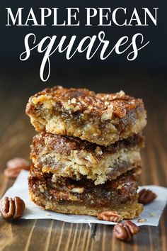 three pieces of maple pecan squares stacked on top of each other with the title above it