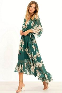 Floral Print Kimono Midi Wrap Dress in Green Colour 100% Polyester Machine Wash At 30 Casual Chique Stijl, Green Kimono, Kimono Floral, Mode Kimono, Floral Print Kimono, Midi Wrap Dress, فستان سهرة, Floral Print Midi Dress, Maxi Robes