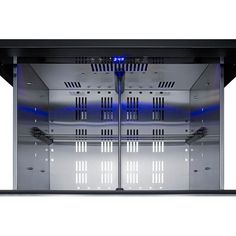 the inside of a server cabinet with blue lights on it's doors and shelves