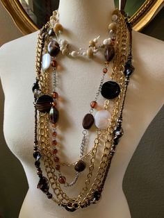 Classic colours!  Versatile set. Any questions. Just ask. Areej 🤗 Brown Multi-strand Party Jewelry, Brown Multi-strand Jewelry For Party, Elegant Brown Metal Beaded Necklace, Trendy Brown Metal Necklace, Trendy Brown Chain Jewelry, Elegant Brown Chain Jewelry, Elegant Brown Jewelry With Chain, Brown Multi-strand Costume Jewelry, Brown Chain Jewelry As Fashion Accessory