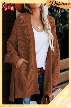 Drop Sleeve Cable Knit Cardigan with Slits Solid Open Knit Cardigan, Long Knit Cardigan With Pockets, Trendy Open Front Sweater With Open Knit, Trendy Open Knit Open Front Cardigan, Solid Open Knit Fall Sweater, Trendy Open Front Open Knit Cardigan, Solid Open Knit Sweater For Fall, Solid Open Knit Sweater For Layering, Trendy Open Front Open Knit Sweater