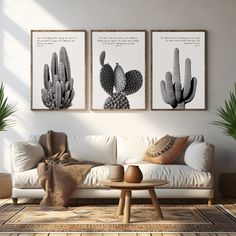 three black and white cactus prints hanging on a wall above a couch in a living room