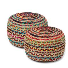 two multicolored round poufles sitting on top of each other in front of a white background