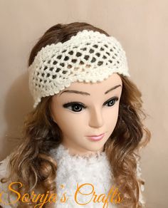 "Reg. $18 Length:  20\" When stretched: 23-25\" Width:  3.80\" Mannequin's head size measurement 23\" circumference. This lovely headband is perfect for everyday wear. Two button holes with 2 buttons for adjustable head size (one size fits all). Made from soft smooth hi-quality yarn for comfort.  Never been worn except for in the gallery photograph. Ready to ship from an environmentally clean, smoke-free home. Designed and handcrafted with love by Sornja." Handmade White Headband Jewelry, Handmade White Jewelry Headband, White Handmade Jewelry Headband, Crochet Lace Headband, Bandeau Au Crochet, Headband Crochet, Headband Women, Girls Headband, Lace Headband