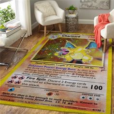 a room with a rug that has pokemon cards on it