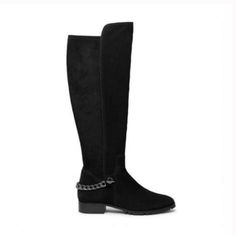 Karl Lagerfeld Paris Knee-High Boots Shay Chain-Trim Suede Knee-High Boots New With Tags See Pictures For Details Formal Black Boots With Chain Detail, Formal Black Boots With Chain, Elegant Formal Boots With Chain Detail, Elegant Formal Boots With Chain, Black Boots With Chain Strap For Formal Occasions, Elegant Formal Boots With Chain Strap, Metallic Ballet Flats, Karl Lagerfeld Shoes, Blue Loafers