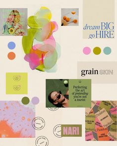 a collage of different images and words on a white background with the word, dream big or hire written below it