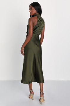 Olive Green Dress - Green Satin Dress - Mock Neck Midi Dress - Lulus Mock Neck Midi Dress, Green Satin Dress, Olive Green Dress, Asymmetrical Midi Dress, Olive Green Dresses, Lulu Fashion, Mock Neckline, Green Satin, Asymmetrical Dress