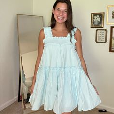 Light Blue Babydoll Dress With Sweetheart Neck! So Comfy!!! From My Old Boutique So Never Worn! Front Zipper Dress, Sheer Embroidered Dress, Blue Babydoll Dress, Maxi Bodycon Dress, Gold Cocktail Dress, Fringe Mini Dress, Chiffon Mini Dress, Flounced Dress, Bustier Dress