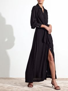 Women's Madsen Maxi Dress in Black Onyx Semi-formal Button-up Dress With Button Cuffs, Chic Long Sleeve Maxi Dress With Button Cuffs, V-neck Shirt Dress With Button Closure For Casual Wear, V-neck Shirt Dress With Button Closure, Elegant Midi Shirt Dress With Cuffed Sleeves, Elegant Midi Length Shirt Dress With Cuffed Sleeves, Elegant Cuffed Sleeves Shirt Dress For Work, Chic Formal Shirt Dress With Cuffed Sleeves, Classic Formal Shirt Dress With Cuffed Sleeves