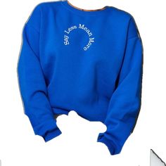 Blue Embroidered Text Streetwear Tops, Casual Blue Top With Embroidered Text, Blue Embroidered Text Top For Streetwear, Blue Tops With Embroidered Text For Streetwear, Blue Top With Embroidered Text For Streetwear, Blue Embroidered Text Sweatshirt With Relaxed Fit, Blue Tops With Embroidered Text And Relaxed Fit, Blue Relaxed Fit Top With Embroidered Text, Trendy Blue Letter Print Sweatshirt