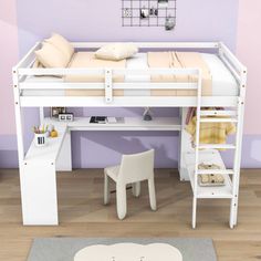 a white loft bed with desk underneath it