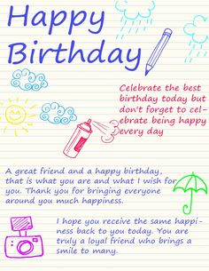 a birthday card with the words happy birthday written in blue and pink on lined paper