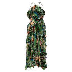 Ornamental green silk-crepe gown, capturing the Gucci's talent for richly textured and patterned eveningwear. Depicting contrasting florals, graphic checks and the house's signature logo lettering, it's crafted in Italy to a retro halterneck silhouette and imbued with cascading layers of ruffled panels to create elegant movement. Color: green 100% Silk Made in Italy Gucci Dresses, Gucci Floral, Crepe Gown, Silk Gown, Budget Fashion, Green Silk, Silk Crepe, Signature Logo, Popular Style