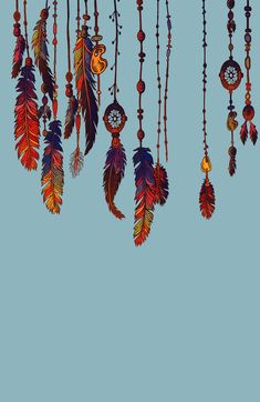 there are many different colored feathers hanging from the ceiling and in the air, with beads attached to them