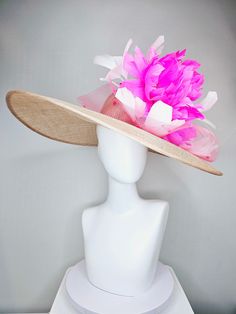 Gorgeous Kentucky Derby hat  kentucky derby hat large wide brim sinamay neutral taupe beige hat with large white feathers bright pink  feather flowers inseam standard approx 23 inches and can be steamed to make larger I can probably add feathers, flowers etc to existing hats for a small fee. I cannot remove anything from existing hats. Just message me and see if we can make it work! :) I cannot make custom order from scratch. My schedule is unfortunately too crazy :( *All hats are sold as displa Ostrich Feather Hats For Spring Races, Pink Feather Trim Hat For Summer, Summer Hats With Ostrich Feathers For Races, Spring Beige Hat With Feathers, Spring Beige Feather Hat, Leopard Wedding, Feather Flowers, Derby Hats Fascinators, Yellow Feathers