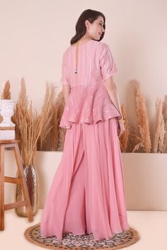 Peony pink peplum kurta with gota, thread, sequin embroidery in chevron pattern. Paired with sharara. - Aza Fashions Peony Pink, Women Kurta, Sequin Embroidery, Sharara Set, Sequins Embroidery, Set Women, Chevron Pattern, Aza Fashion, Half Sleeves