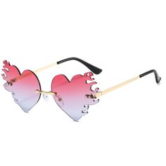 Red & Blue Melting Flame Heart Sunglasses Rimless Glasses Womens, Summer Heart-shaped Beach Sunglasses With Gradient Lenses, Multicolor Heart-shaped Sunglasses With Gradient Lenses, Heart-shaped Multicolor Sunglasses With Gradient Lenses, Red Rimless Sunglasses For Summer, Red Rimless Sunglasses For Party, Summer Gift Sunglasses, Flame Sunglasses, Flame Heart, Ray Ban Sunglasses Wayfarer