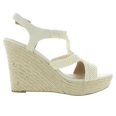 SUN STONE ESMEF Espadrille Wedge Heel Sandals -New with Box -Brand: SUN STONE -Color: Ivory -Size: 9M -Material: Textile -Heel Height: 4.75 Inch -Platform Height: 1.25 Inch -Woven Upper -Open Toe -Wedge Heels -Ankle Strap Buckle Closure -Made in China Cream Adjustable Wedge Heel Sandals, Adjustable Cream Wedge Heel Sandals, Cream Synthetic Sandals For Summer, Adjustable Beige Open Toe Wedge Sandals, White Straw Summer Heels, Beige Adjustable Wedge Sandals With Cushioned Footbed, White Straw Wedge Sandals With Open Toe, Cream Round Toe Wedge Sandals For Summer, Adjustable Cream Platform Sandals