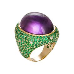 Amethyst, tsavorites, diamonds 14k gold cocktail ring. Amethyst cabochon statement ring. Color contrast amethyst, tsavorites ring. Massive amethyst gold ring. Details: - 14 kt solid gold: you can choose Yellow or White color. - Weight: 14 g. depends from size Gemstones: Natural amethyst: Approximately 30 carat, oval cabochon shape, purple-violet color. Natural tsavorites: Approximately 4.5 carat total, round cut, green color. Diamonds: Approximately 0.20 carat total, round brilliant cut, color - F, clarity - VS. Ring will be done for order. - Color, size and type of the stones could be changed on your choise and to fit your budget. - All custom-orders will be shipped between 3 to 4 weeks. - If you have any questions, please contact us. Vintage Cocktail Ring, Amethyst Gold, Gold Cocktail Ring, Gold Cocktail, Gold And Silver Rings, Orange Sapphire, Diamond Cocktail Rings, Cabochon Ring, Amethyst Jewelry