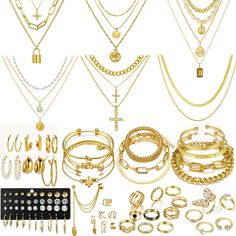 PRICES MAY VARY. 【SET】: 73Pcs Gold Jewelry Set with 6Pcs Layered Necklace, 11 Pcs anklet and 7Pcs Earring Ear Cuff,11Hoop Earrings ,15pcs Rings,15pcs stud earrings Jewerly set for Women Pack for Friendship Party Gift enrich your jewelry box. High Quality Material:CONGYING jewelry are made of high-quality alloy materials, using a unique gold-plated technology manufacturing, do their best to grow the life of the product and protect the appearance of durability, the appropriate weight, long time to Jewelry Group Boards, Trendy Gold Jewelry For Jewelry Making, Metal Dangle Jewelry Sets, Gold Plated Dangle Jewelry Sets, Every Jewels, Jewelry For Bridesmaids, Rings Amazon, Gold Jewelry Set, Jewerly Set