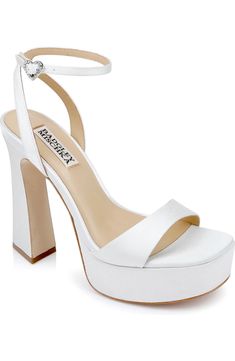 fashion luxury designer badgley mischka caia ankle strap chunky platform sandal white shoes sculpted block heels Platform Wedding Shoes Brides, Glamorous Sandals With Chunky Platform And Block Heel, Chunky Wedding Heels, White Heels Wedding, Wedding Shoes Platform, White Block Heels, Chunky Platform Sandals, Modern Sandals, Wedding Shoes Bride