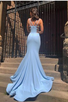 Satin Prom Gown With Mermaid Hem, Satin Mermaid Hem Prom Gown, Elegant Light Blue Mermaid Dress For Prom Season, Elegant Light Blue Mermaid Dress For Prom, Elegant Light Blue Mermaid Hem Dress, Satin Mermaid Hem Evening Dress For Prom, Light Blue Evening Dress With Mermaid Hem, Elegant Fitted Light Blue Mermaid Dress, Satin Mermaid Dress With Fishtail For Prom Season