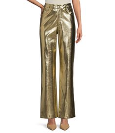 From Gianni Bini&#x2C; these pants feature:Metallic-coated viscose fabricationBack and front pocketsFull lengthFront zip and button closureApprox. 31" inseamViscoseSpot cleanImported. Wide Leg Leather Pants With Button Closure For Work, Elegant High-rise Pants With Five Pockets, Trendy Gold Wide Leg Pants, Modern Metallic Straight Leg Pants, Formal Metallic Wide Leg Bottoms, Metallic Straight Pants For Fall, Metallic Wide Leg Bottoms With Pockets, Metallic Bottoms With Pockets For Fall, Gold Bottoms With Pockets For Fall