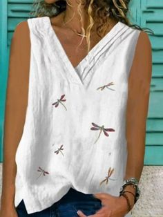 Sleeveless Cotton-blend Shirts & Tops Casual Tanks, Vest White, Dragonflies, Sleeveless Tank Top, Sleeveless Tank, Eminem, Sleeveless Blouse, Ladies Tops Fashion, Fashion Prints