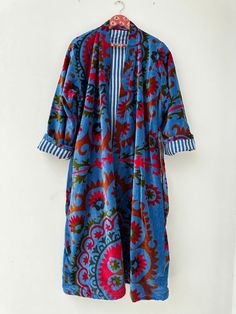 Blue Suzani Long Velvet Jacket Kimono Gown Robe Outwear Duster For Women Long Velvet Jacket, Long Kimono Outfit, Duster Outfit, Velvet Duster, Kimono Gown, Kimono Outfit, Mustard Color, Dusters, Long Kimono