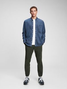 Soft denim knit.  Long sleeves.  Button-front collar.  Front patch pocket at chest. Mens Outfits Dressy, Denim Shirt Outfit, Mens Dress Outfits, Mens Business Casual Outfits, Derby Outfits, Western Denim Shirt, Denim Shirt Men, Denim Pocket, Men Fashion Casual Outfits