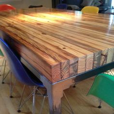 a wooden table with chairs around it