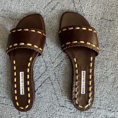 - 37 1/2 - Chocolate Leather - Gold Trim - Brand New, Never Worn Manolo Blahnik Pink, Manolo Blahnik Flats, Silver Strappy Sandals, Manolo Blahnik Sandals, Bronze Sandals, Ankle Strap Sandals Flat, Manolo Blahnik Black, Leopard Sandals, Vintage Sandals