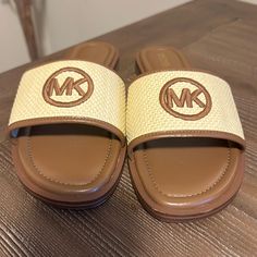 Only Worn Inside, Brand New Tan Leather And Synthetic Upper. The Slides Have Cushion Soles And Inside Of Shoe Expands For Comfort Michael Kors Slides Brown, Michael Kors Platform Sandals, Michael Kors Slides, Mk Sandals, Patent Leather Dress, Pink Wedges, Michael Kors Sandals, Silver Sandals, Purple Suede