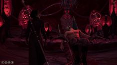 an animated scene with two men and one woman standing in front of some demonic creatures