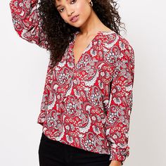 From Its Flattering Split Neck To Its Flowy Blouson Sleeves, This Top Is A Touch Of Romance For Any Outfit, Any Day. Split Neck. Long Sleeves. Color: Crimson Red Flowy Fit Fluid Woven Hits At Waist 24 1/2" Long 100% Polyester Machine Washable Red Long Sleeve Blouse With Paisley Print, Chic V-neck Tops With Paisley Print, Chic V-neck Paisley Print Tops, Red V-neck Blouse With Paisley Print, Casual Red Tops With Paisley Print, Casual Red Paisley Print Top, Green Sleeveless Blouse, Wrap Top Blouse, Lace Sleeve Top